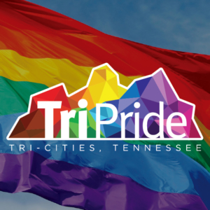 TriPride logo over rainbow flag